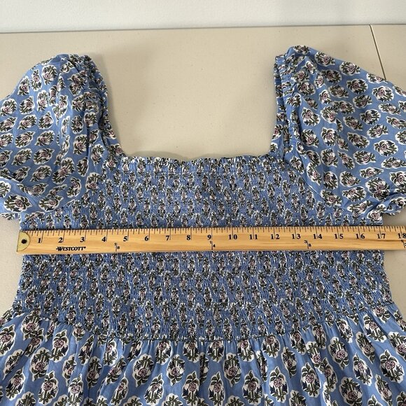 J Crew Smocked Puff Sleeve Midi Dress XL Blue Floral - Picture 7 of 14